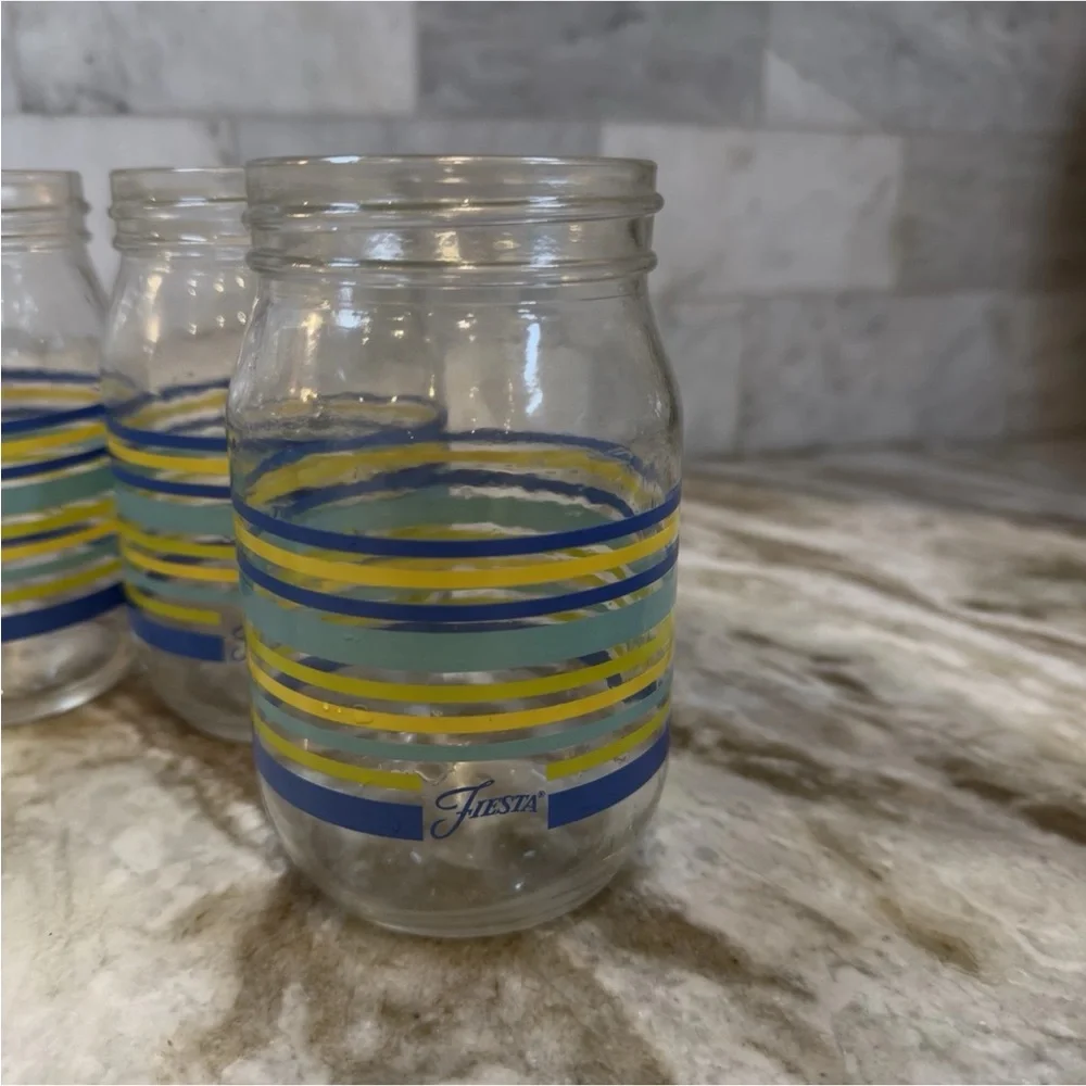 Fiesta Stripes Mason Jar Drinking Glasses Blue Yellow Aqua Fiesta Logo Set of 4